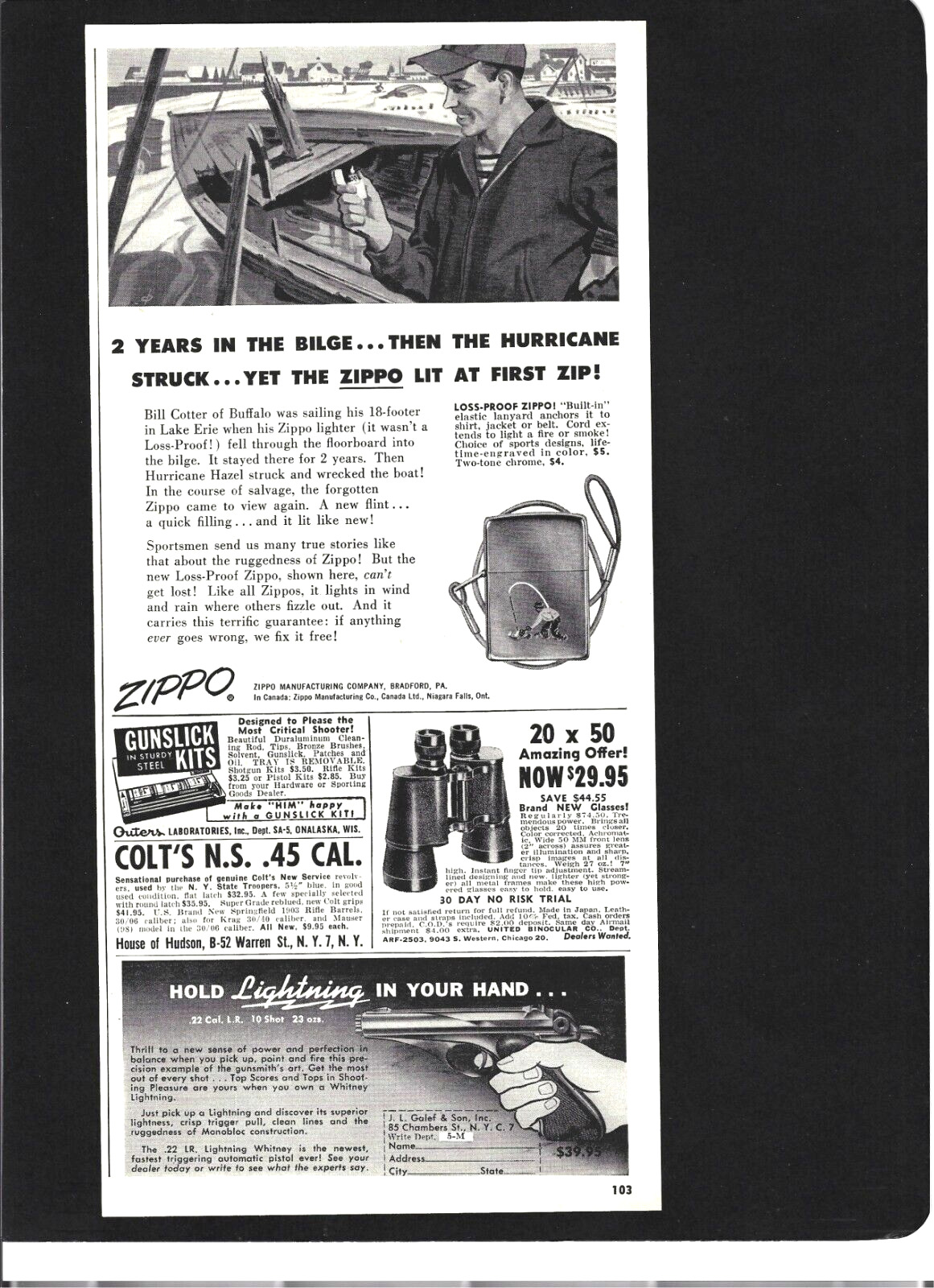 Vintage 1957 ZIPPO Loss-proof Lighters HURRICANE Fisherman\'s Waterproof Print Ad