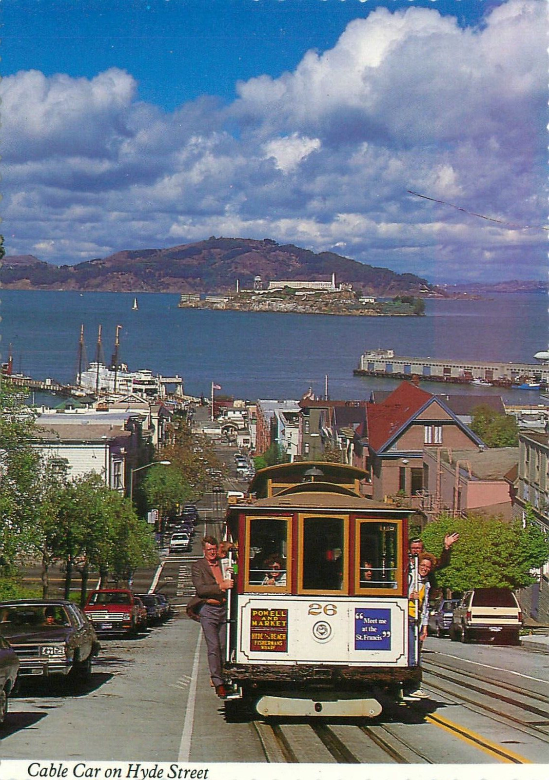 Hyde Street Cable Car-San Francisco CA, Alcatraz in Background Vintage Postcard