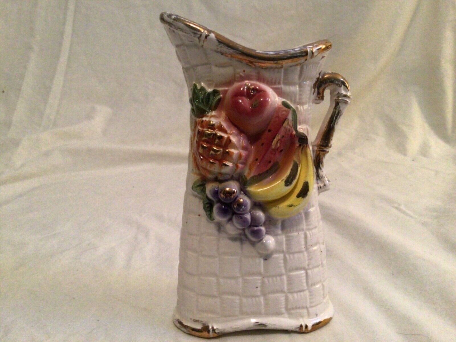 Vintage Pitcher Vase 3D Fruit Gold Highlights and Trim 6 3/4” Fruit Parfait