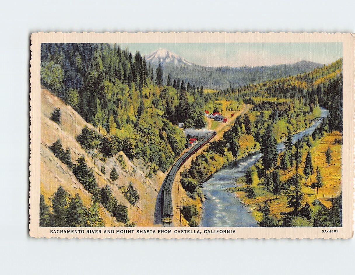 Postcard Sacramento River and Mount Shasta from Castella California USA