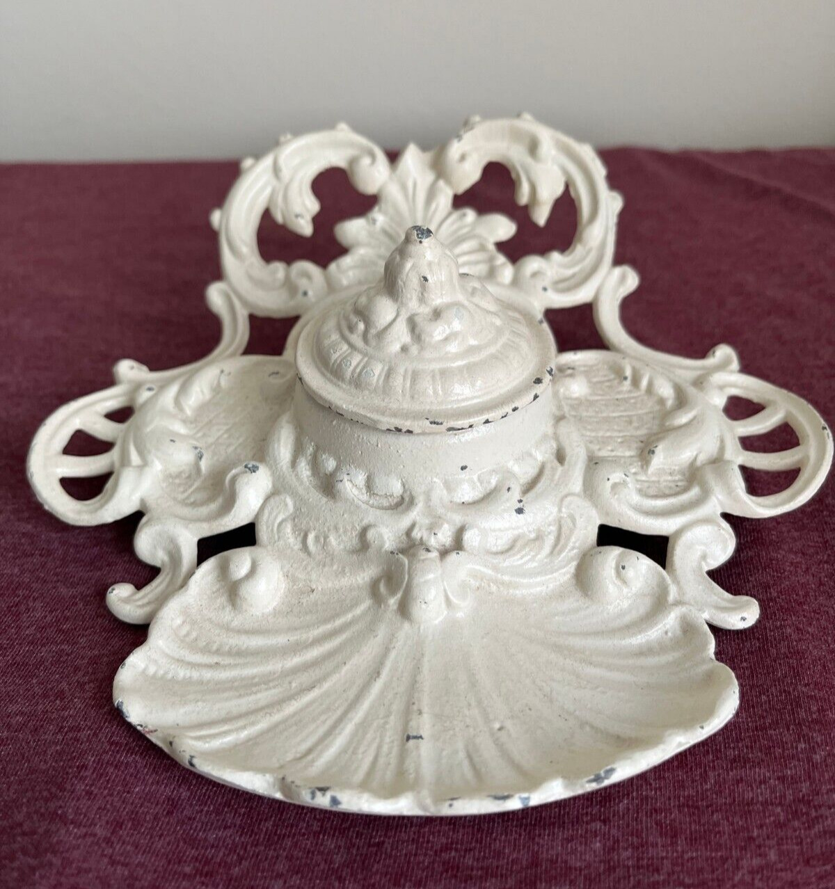 Antique Rococo style cast iron painted inkwell