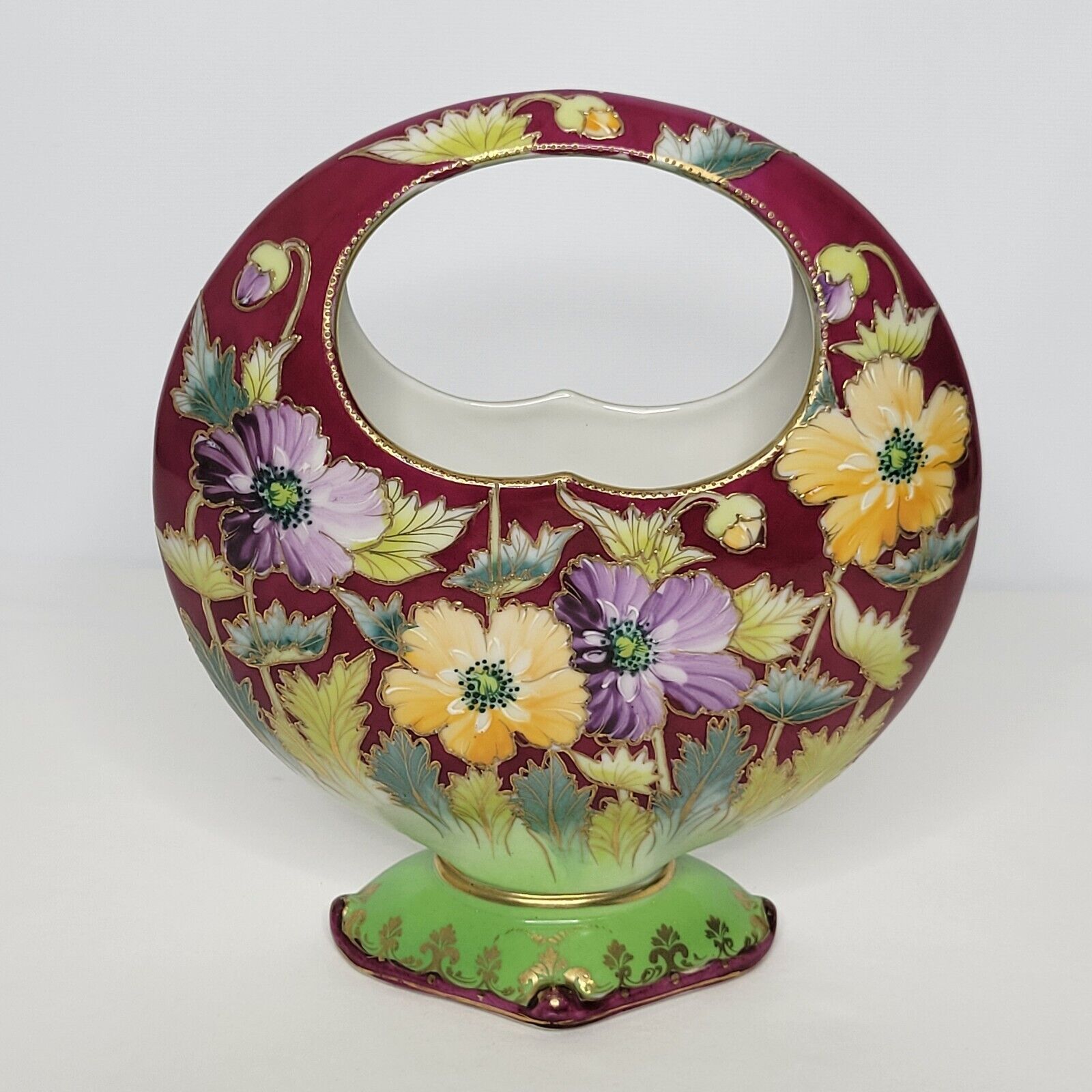 Rare Antique Porcelain Moon Basket Vase Hand Painted with Gold Trim Flowers