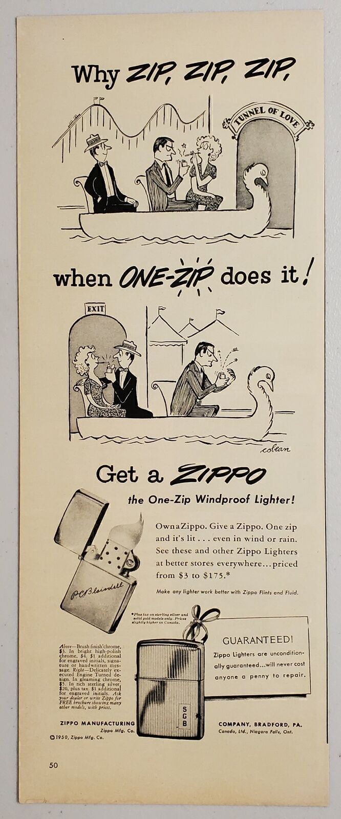 1950 Magazine Ad Zippo Windproof Lighters Couples in Tunnel of Love Cartoon