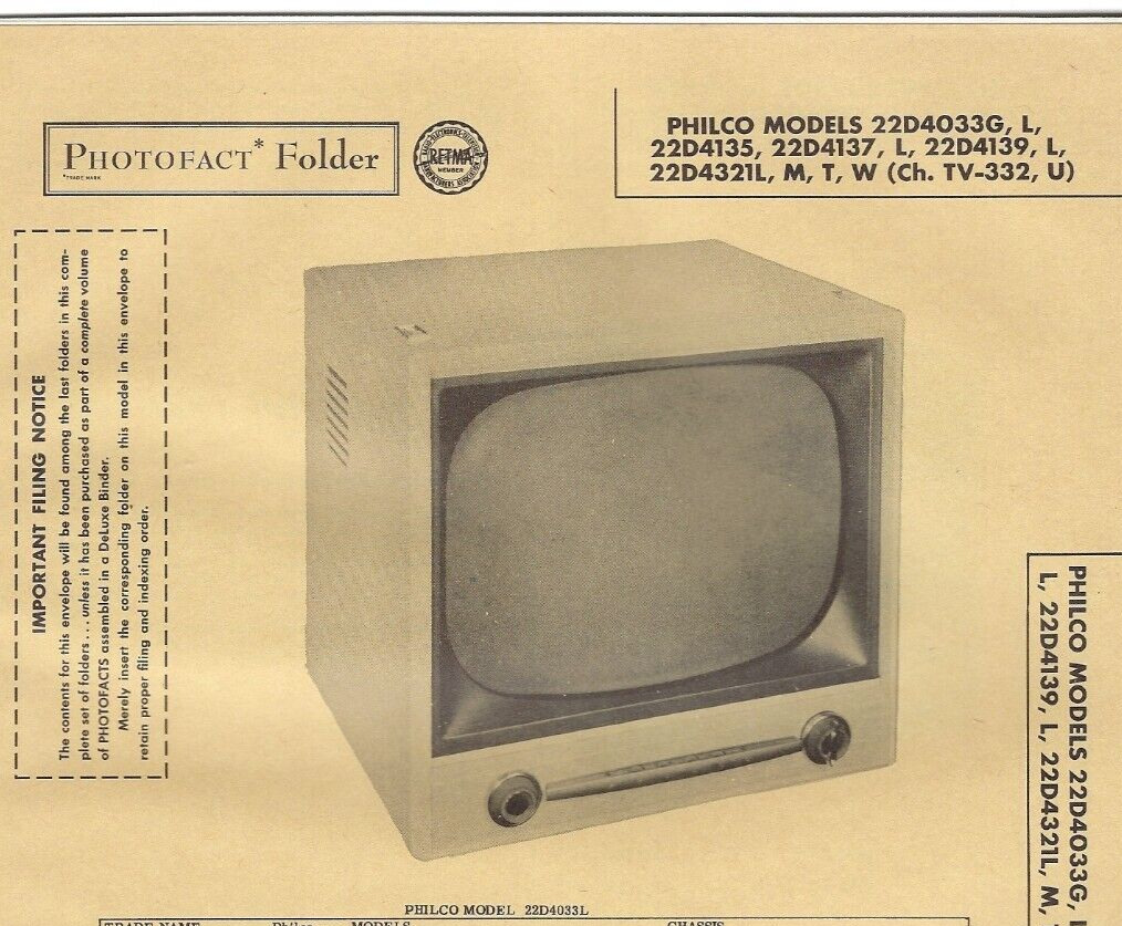 1956 PHILCO 22D4033G TELEVISION Tv Photofact MANUAL 22D4135 22D4137 22D4139 Vtg