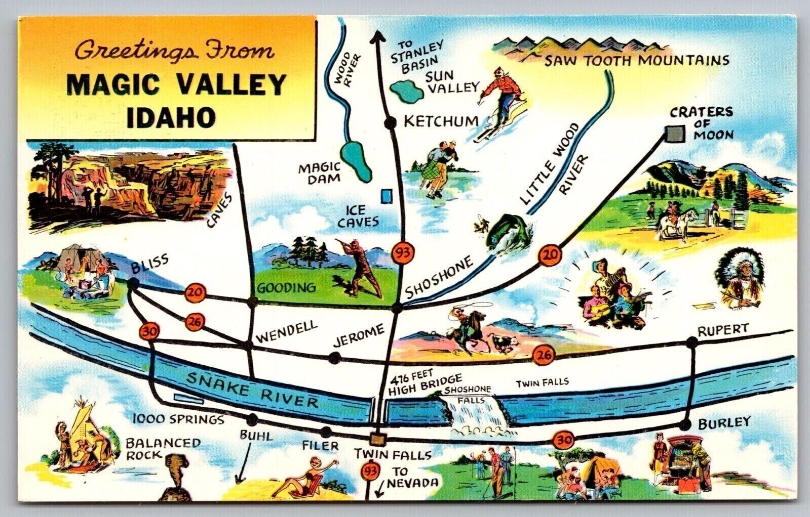 Greetings Magic Valley Idaho Saw Tooth Mountains Little Wood River VNG Postcard