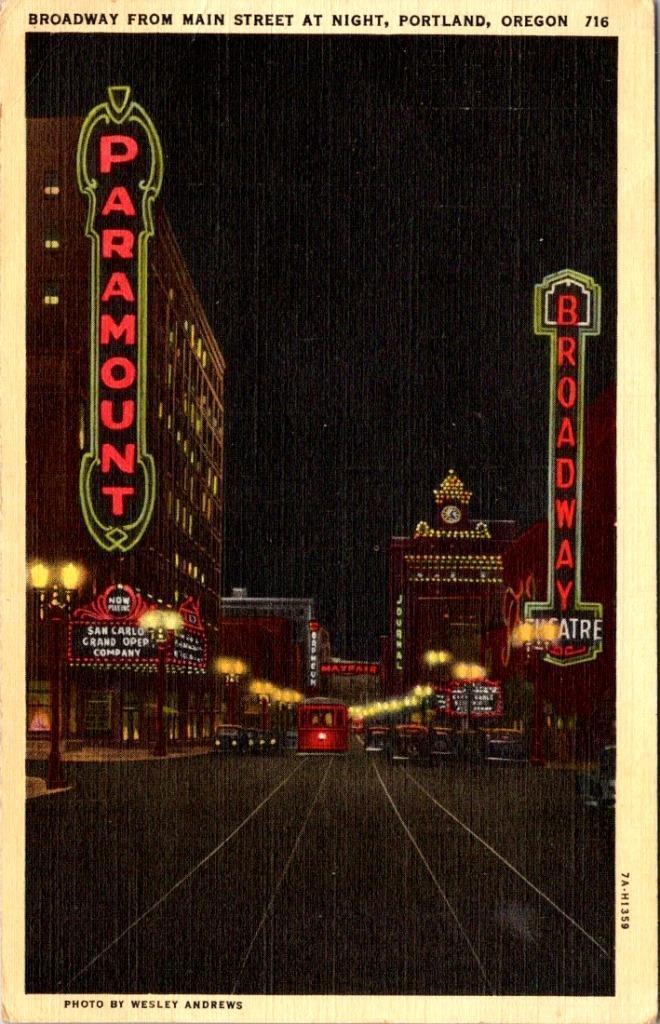 Portland, OR Oregon  BROADWAY STREET SCENE~Night PARAMOUNT THEATER 1944 Postcard