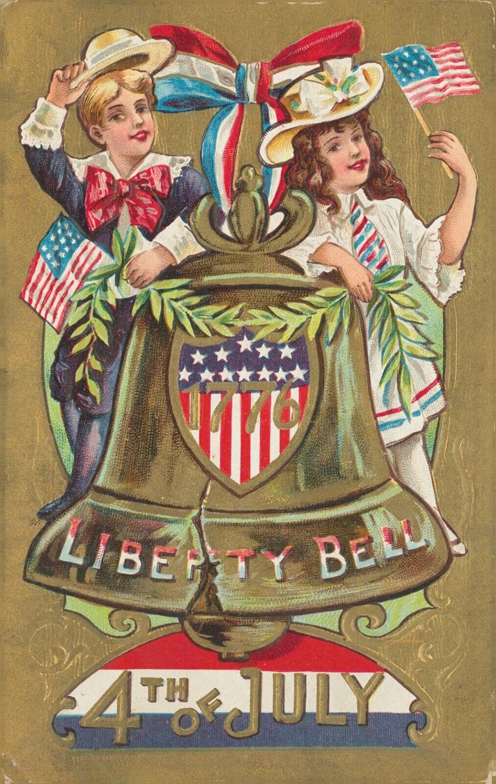 Embossed 1911 JULY 4TH Patriotic Postcard Children Flag Liberty Bell 1776 SHIELD