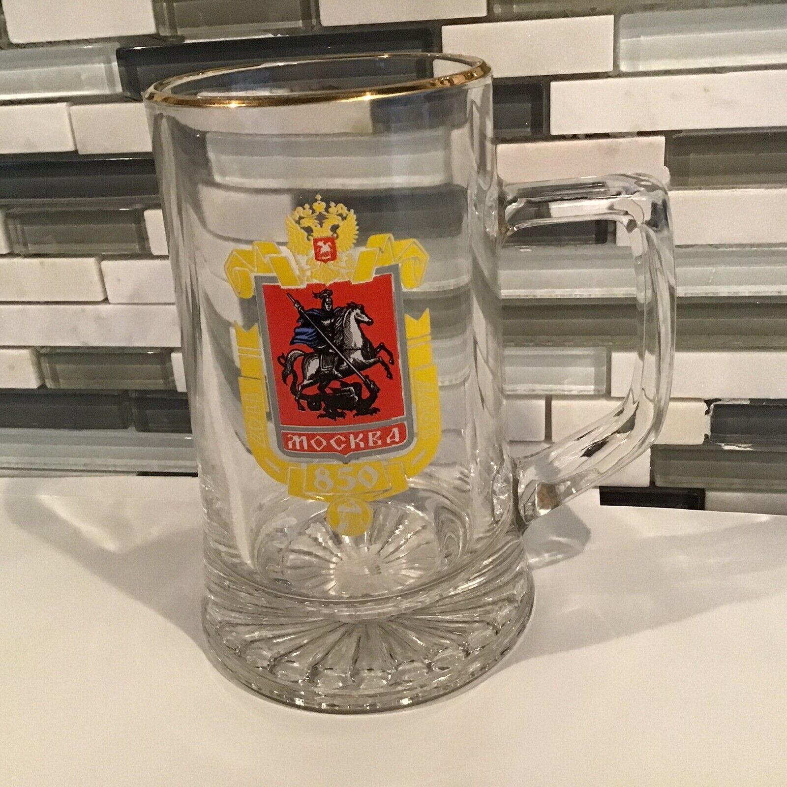 Mockba 850 1147 1997 Clear Glass Beer Mug Gold Trim 