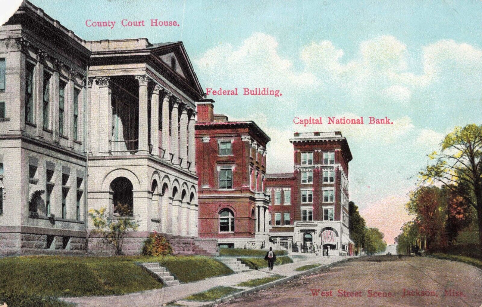 West Street Scene Jackson Mississippi MS Bank Court House c1910 Postcard