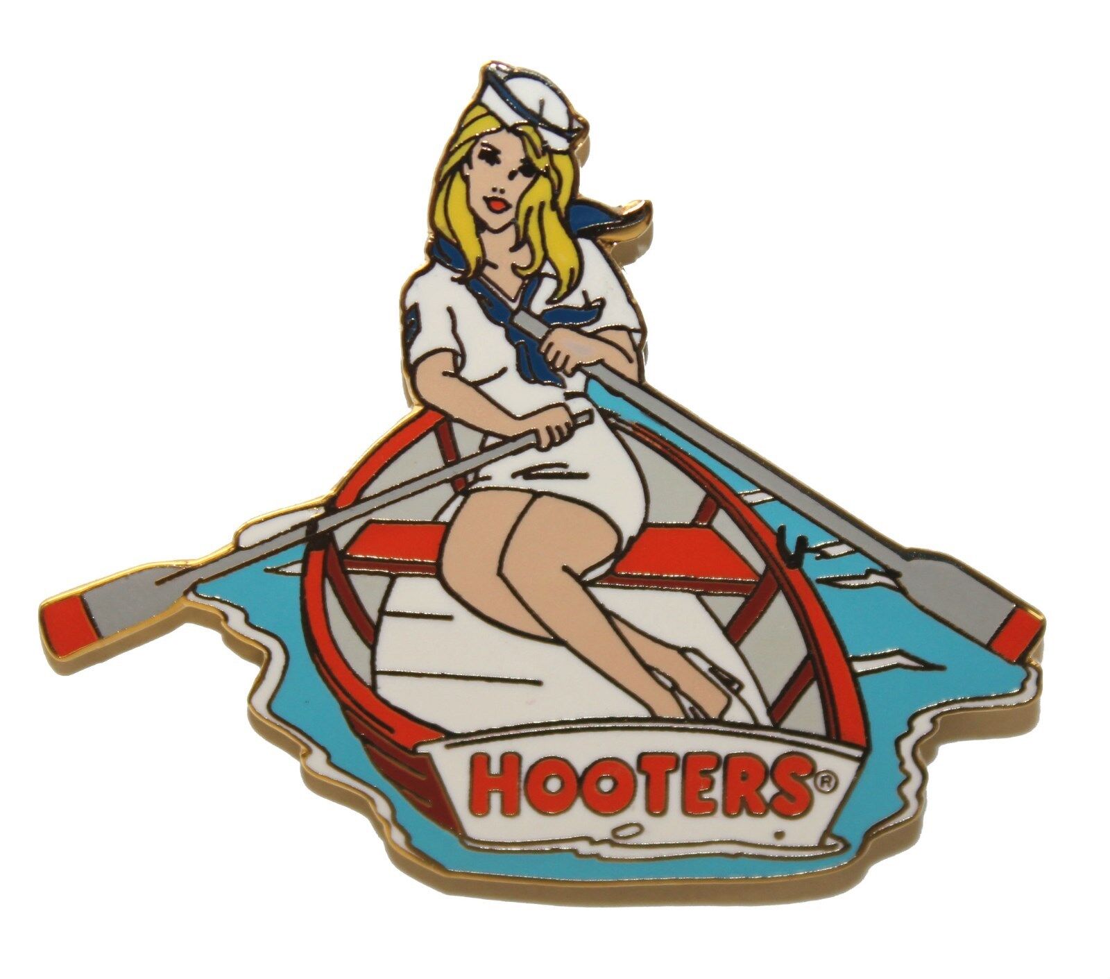 HOOTERS RESTAURANT NAVY GIRL IN ROWBOAT BOAT ON LAKE PADDLE MILITARY LAPEL PIN