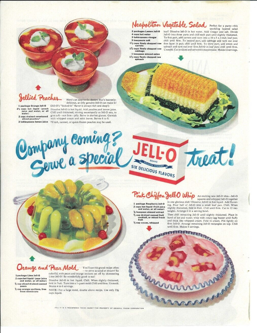 1948 JELL-O Gelatin Desert Whip Molds Salad Chiffon Vintage Magazine Print Ad