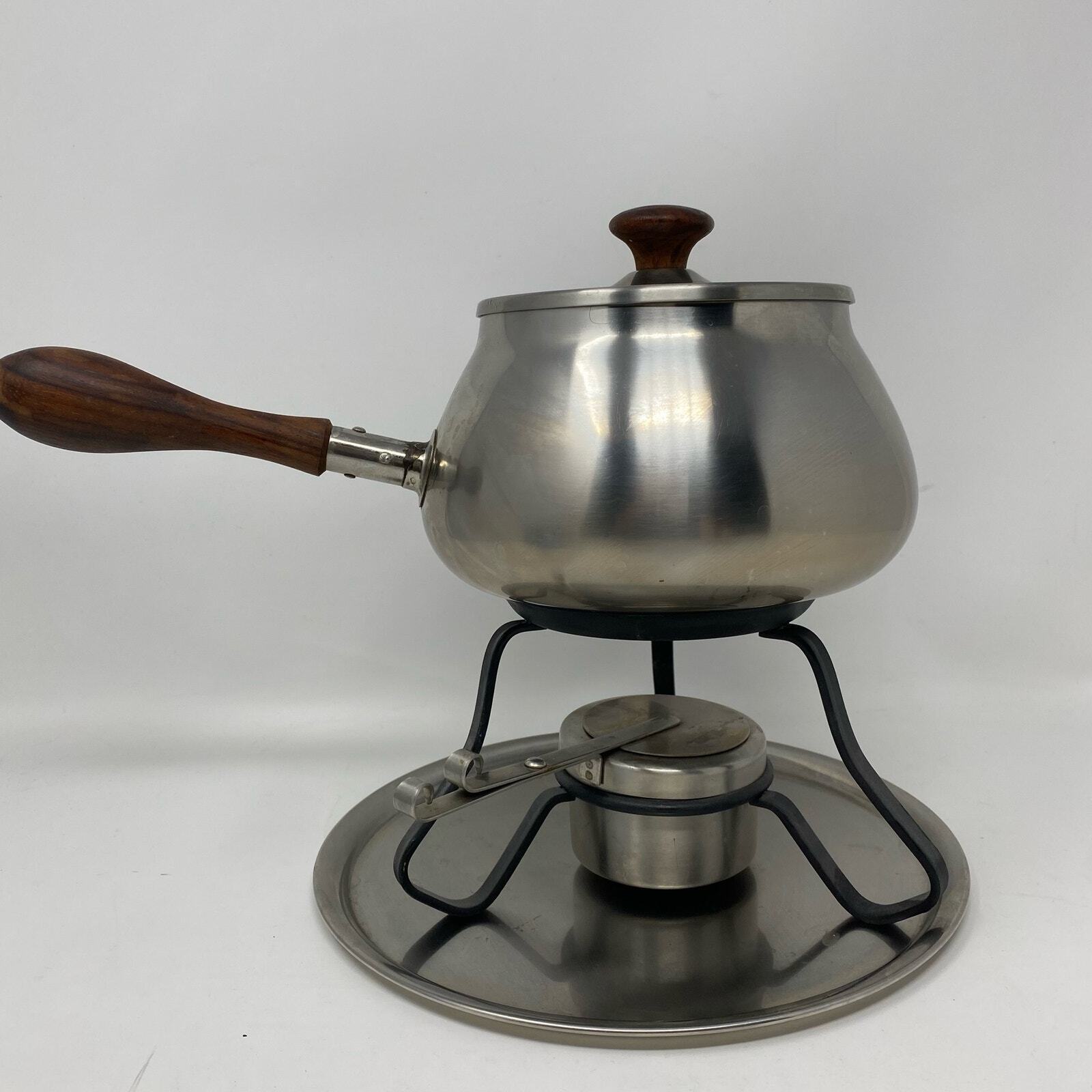 Vintage 60s MCM brushed stainless steel fondue pot