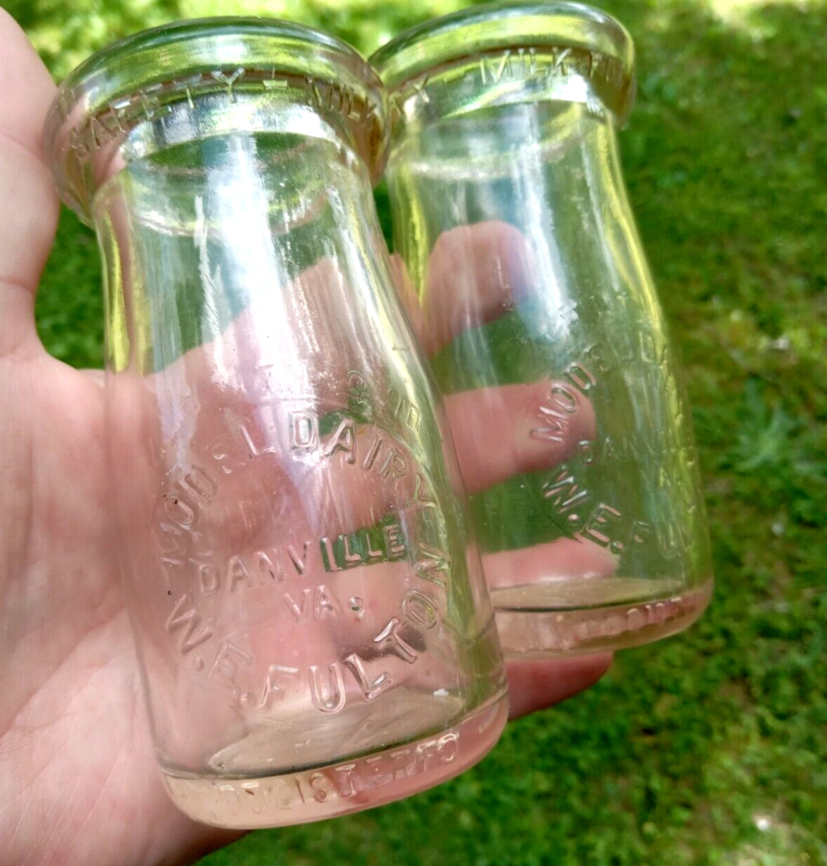 Two Vintage W.E. Fulton Model Dairy Danville, VA Embossed Glass Mini Milk Bottle