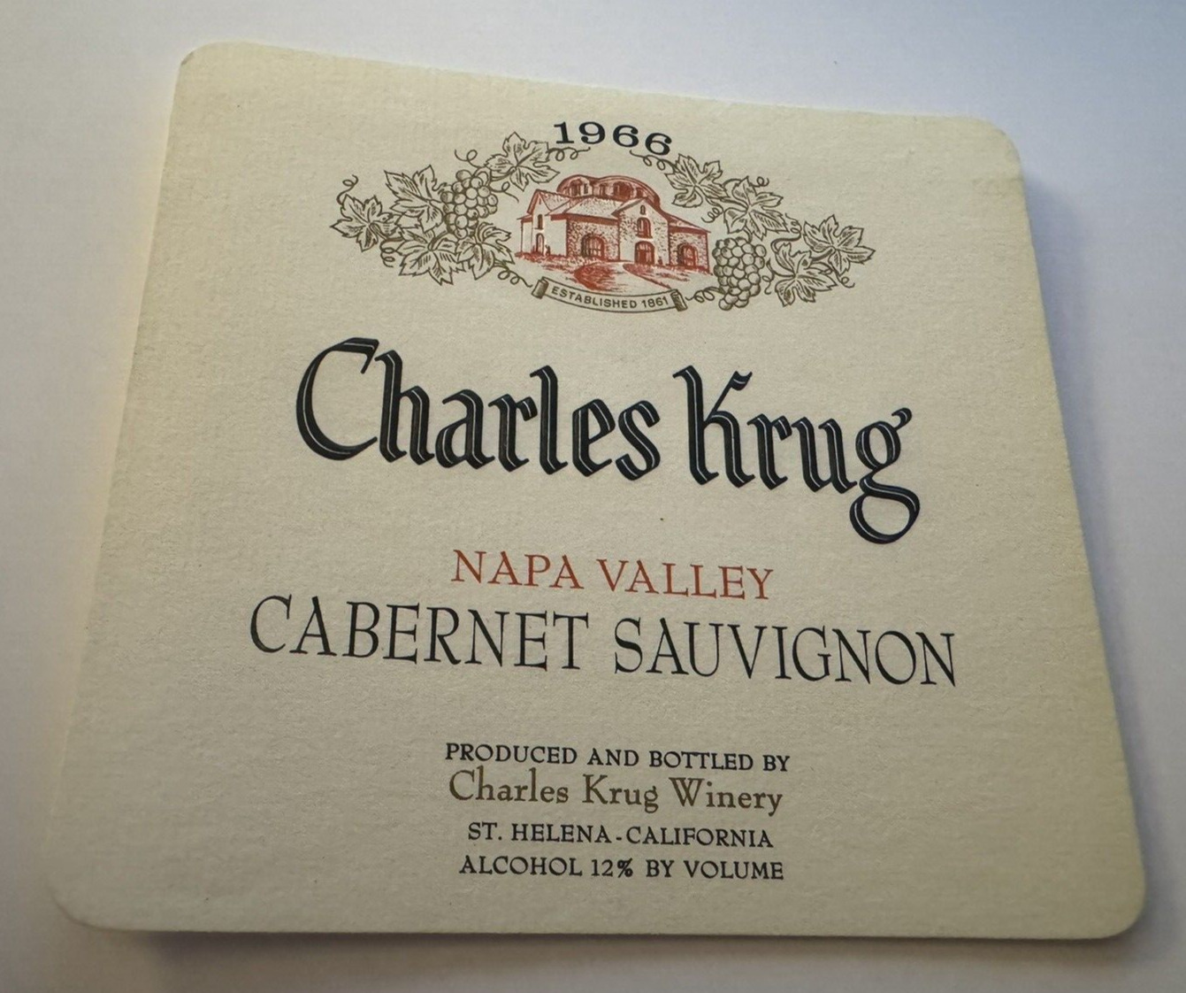 1966 Charles Krug Cabernet Sauvignon Wine Label St. Helena, CA