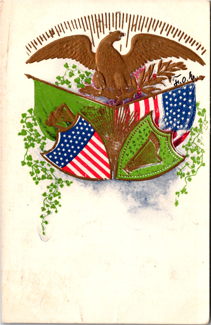 Postcard Patriotic Embossed 45 Star US American Flag 69th PVI Irish Harp 1908