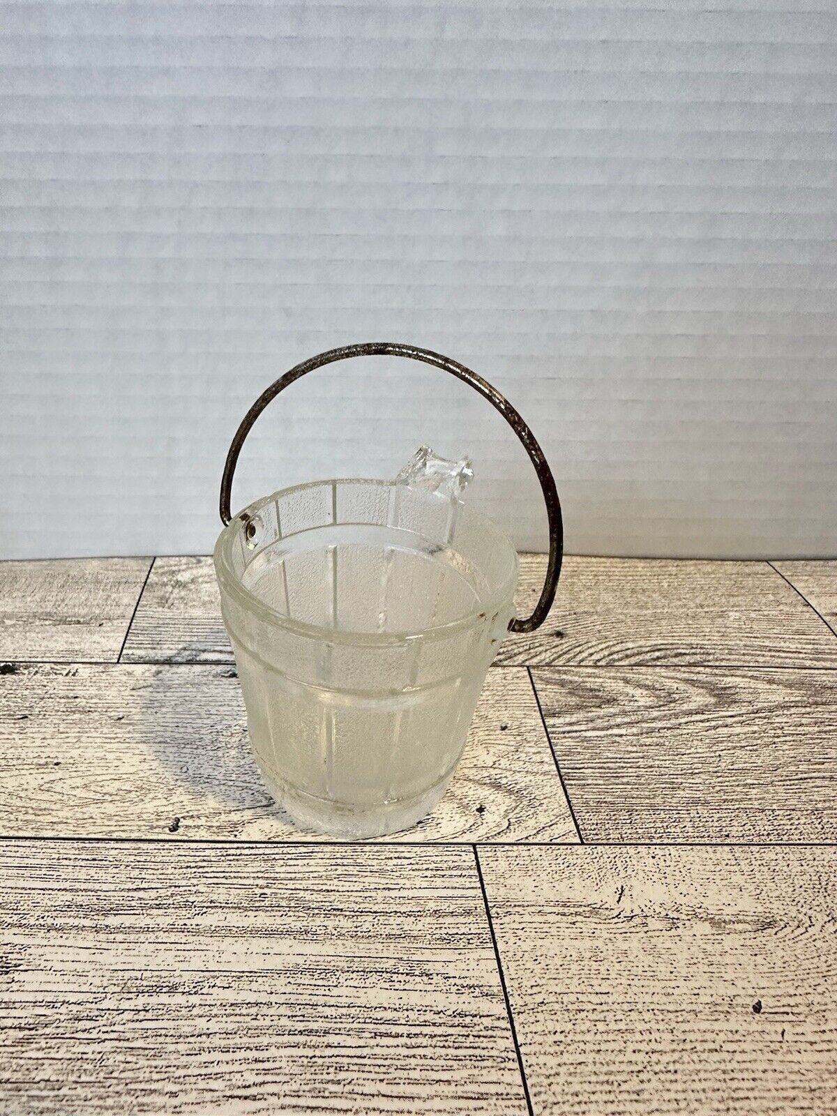 Vintage Small Clear Glass Pail/Bucket Ashtray with Handle Oak Whiskey Barrel