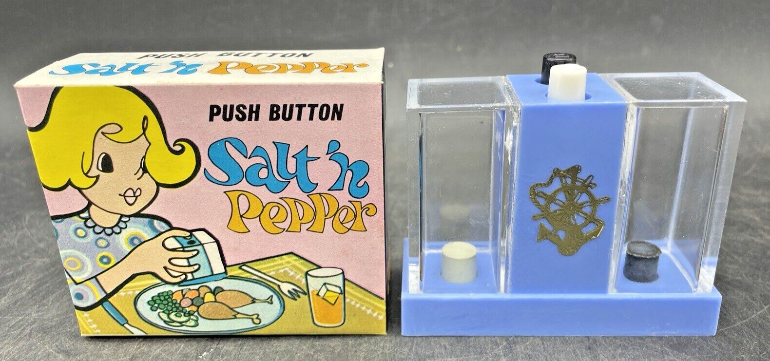 VINTAGE BLUE Push Button Salt & Pepper Dispenser Shaker New Old Store Stock MCM
