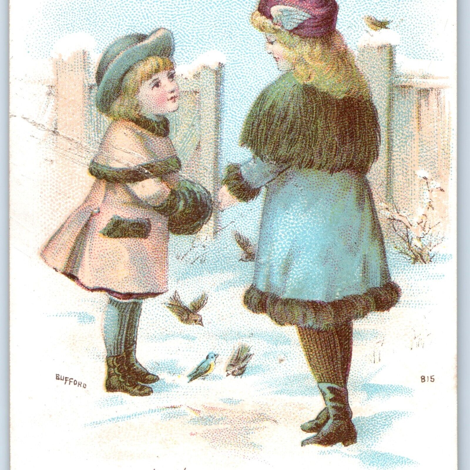 c1880s John 4:19 Bible Quote Trade Card Bufford Cute Wing Hat Girl Bird Snow C3