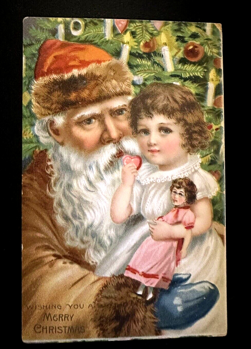 Santa Claus with Victorian Girl~Doll ~Tree~Antique  Christmas Postcard-k461