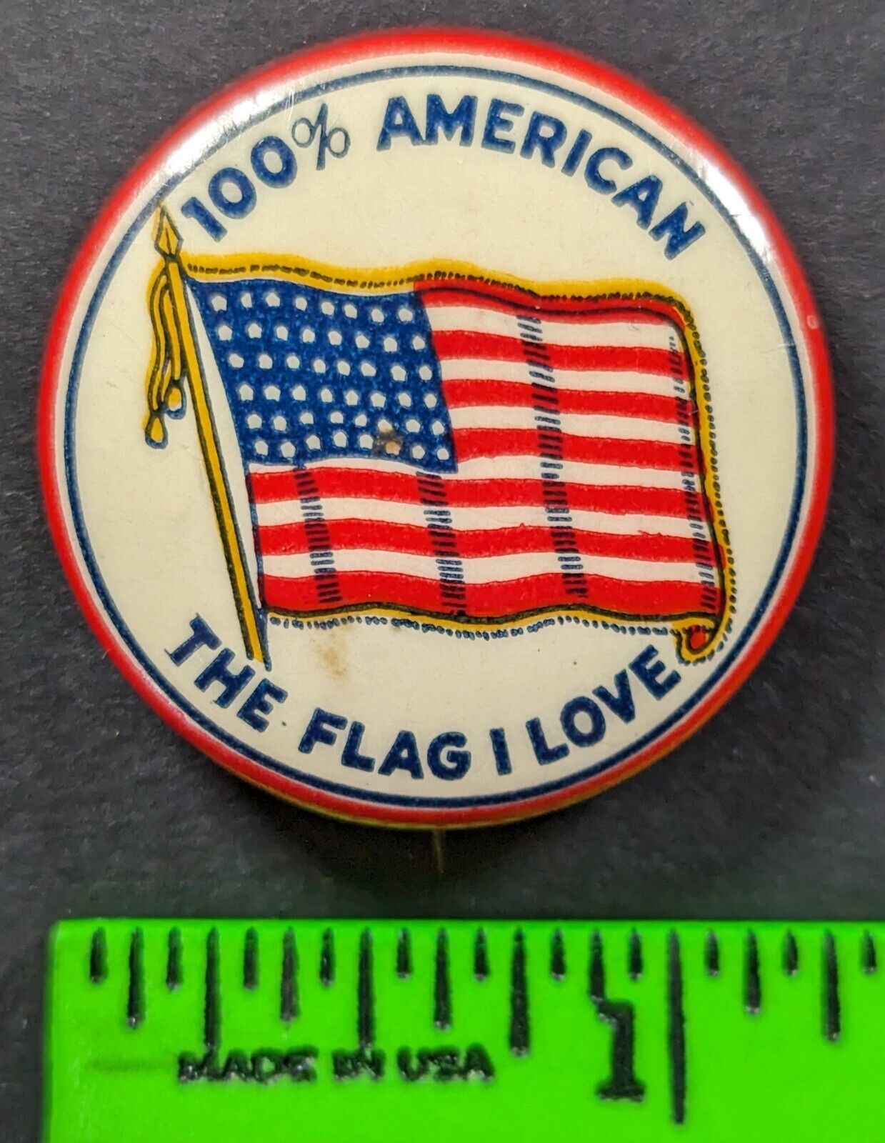 Vintage 100% American Flag I Love Patriotic Pinback Pin