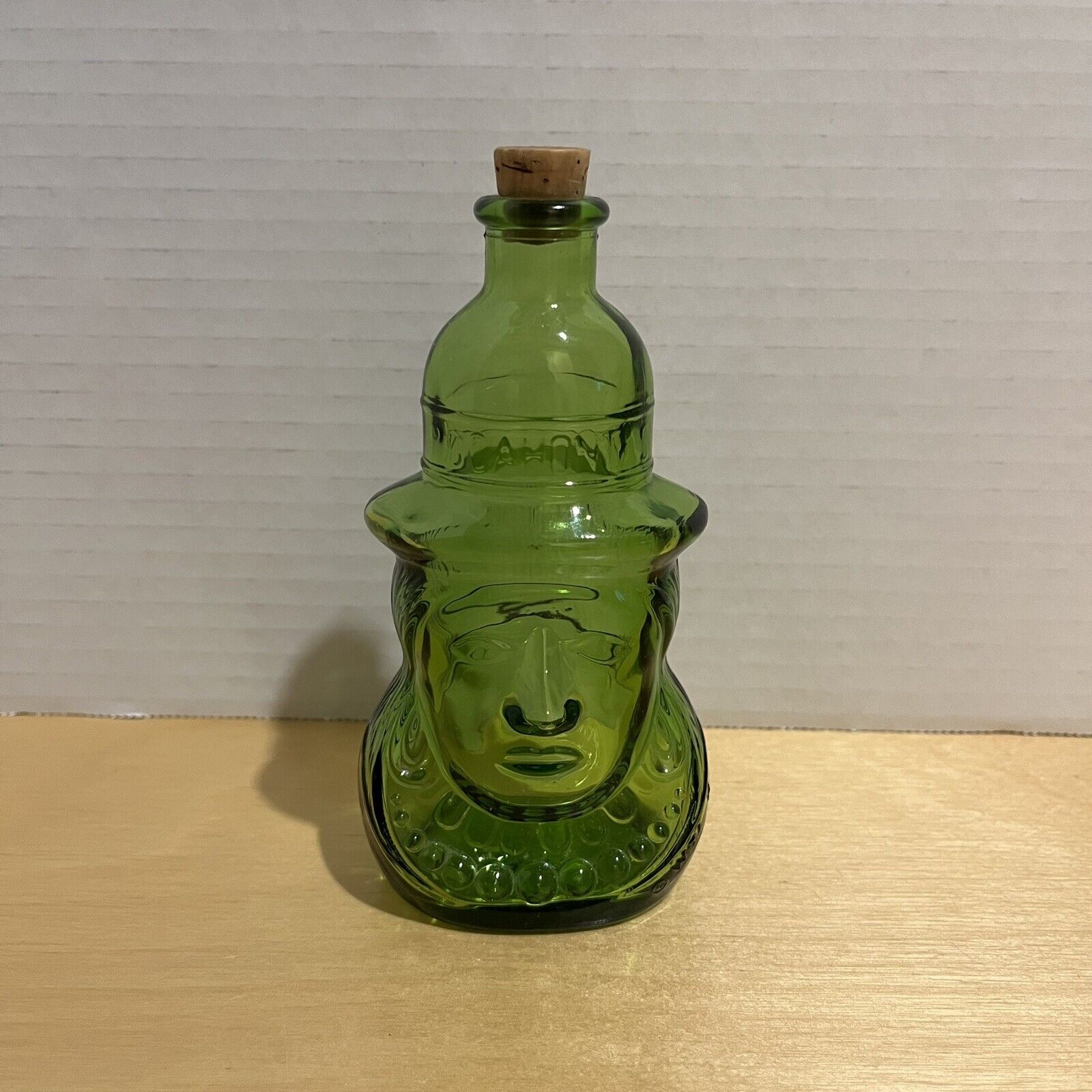 Vintage 1970\'s Wheaton NJ Green Glass Pocahontas Figural Bottle 5 1/8\
