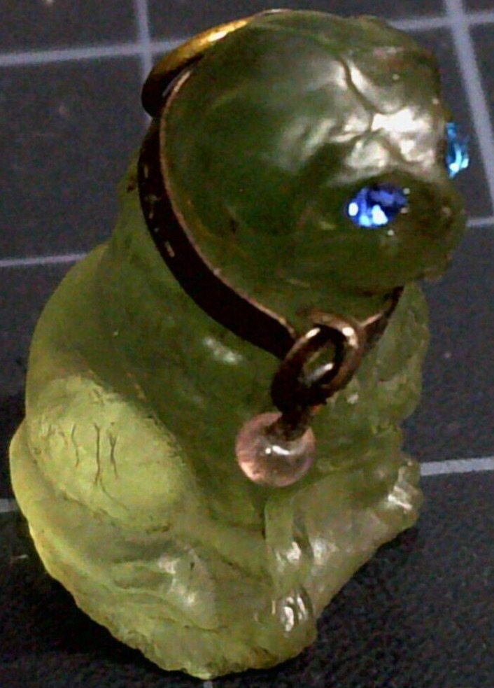 Antique 1910s 20s Cracker Jack Prize Toy Czech Uranium Glass Dog Charm Glows 1\