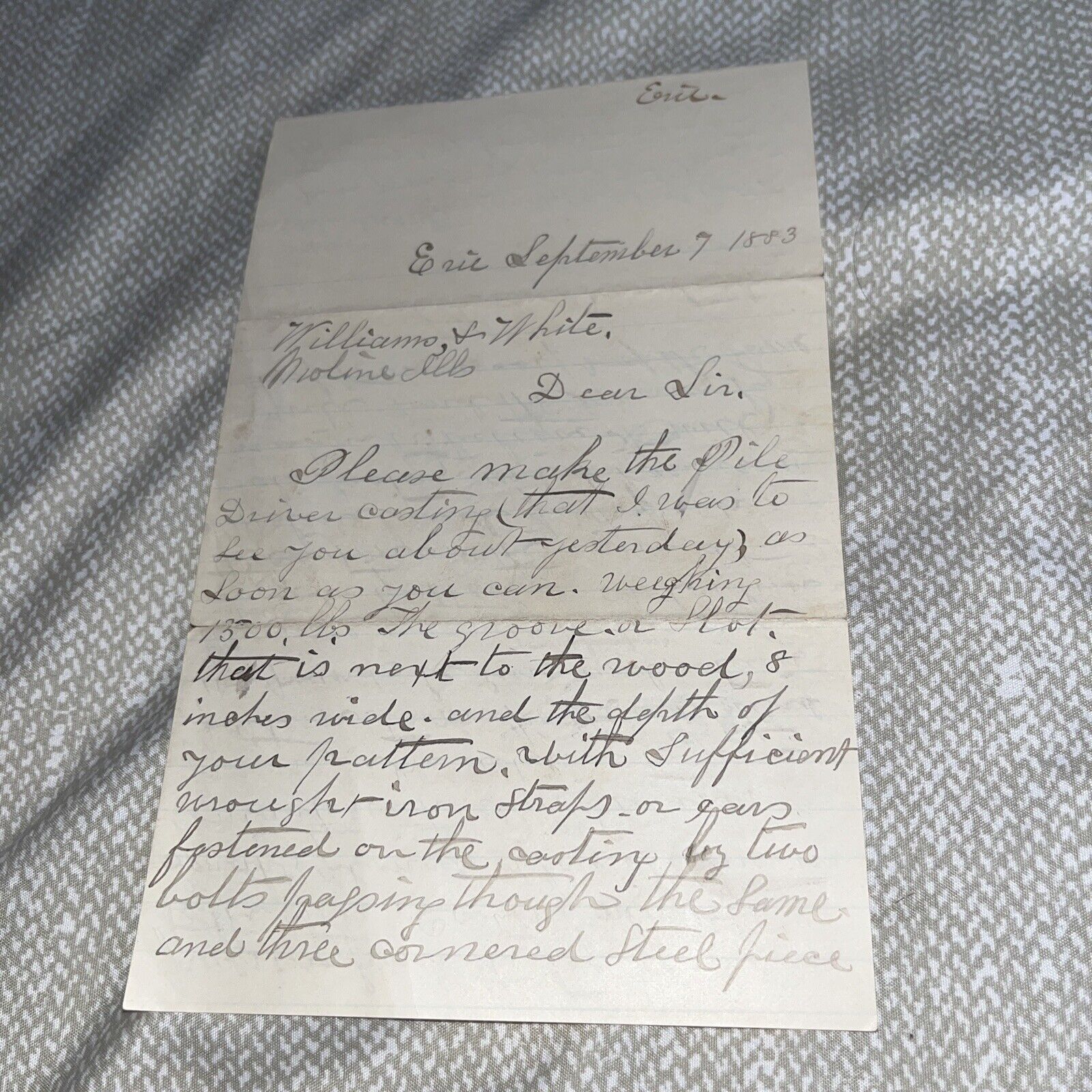 1883 Antique Erie to Moline Illinois Letter Requesting Pile Driver Casting