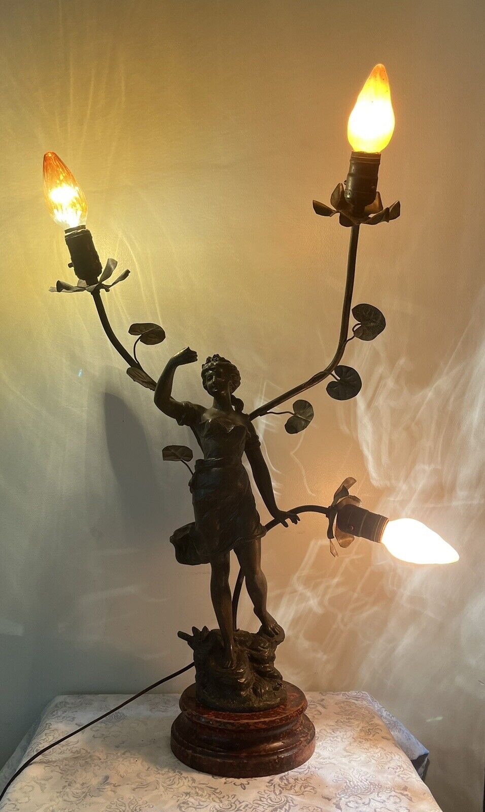 Antique French Bronzed Figural Maiden &Flower Lamp “moissonneur” By L. Guillemin