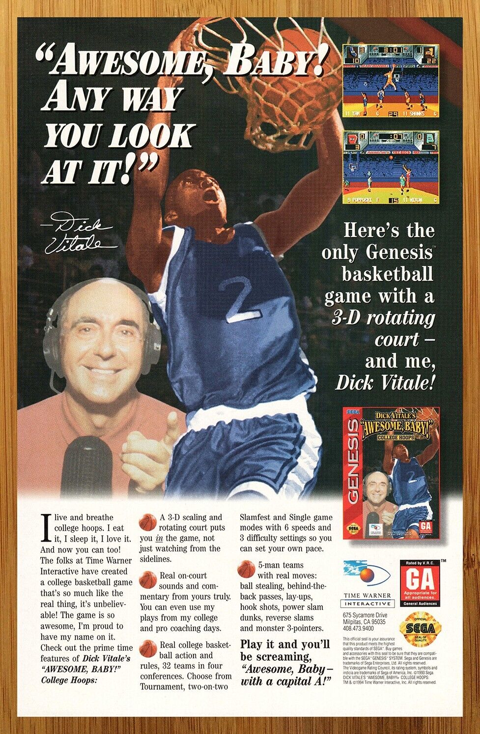 1994 Dick Vitale\'s Awesome Baby College Hoops Sega Genesis Print Ad/Poster Art