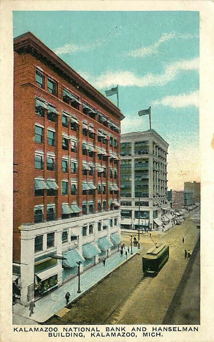 Postcard National Bank & Hanselman Building Kalamazoo, Michigan - ca 1920s