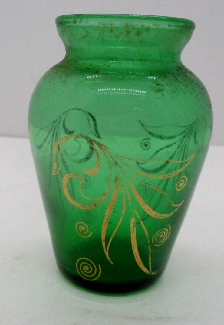 Small Green Glass Vase Gold Trim Vintage