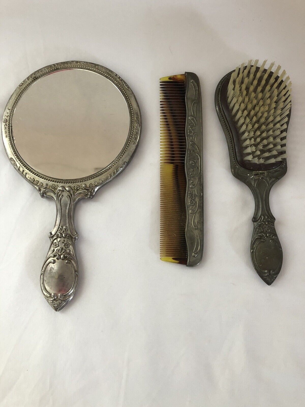 Antique Victorian Ornate  Comb Mirror and Brush Grooming Set Prop