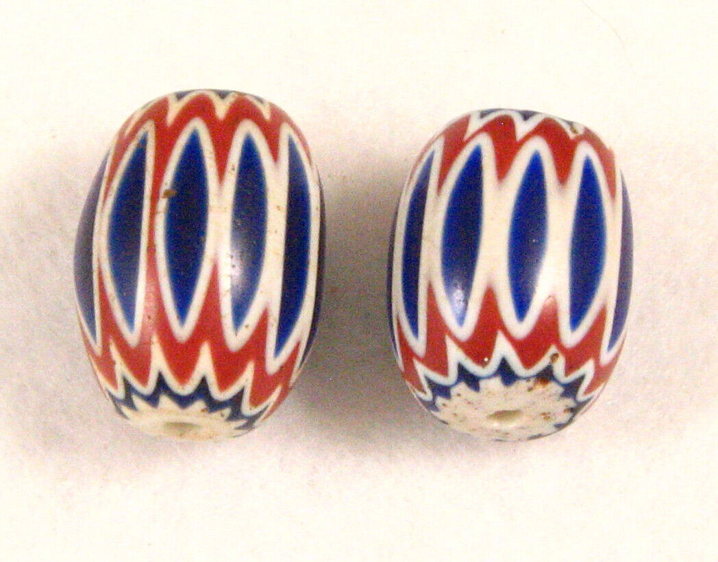 Pair of 2 Old Venetian Six Layer BLUE CHEVRON Glass African Trade Beads