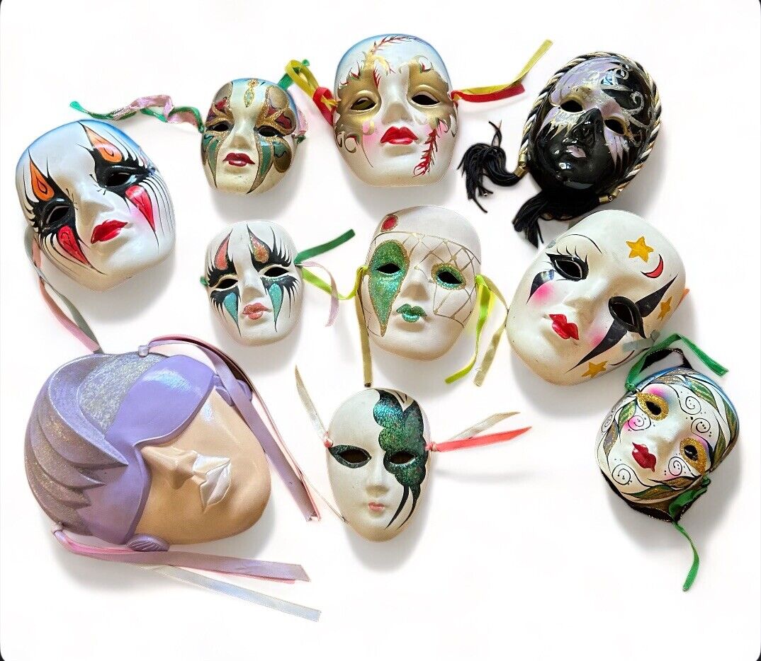 Mardi Gras Porcelain/Ceramic Wall Art Face Masks Lot, Theatre Decor