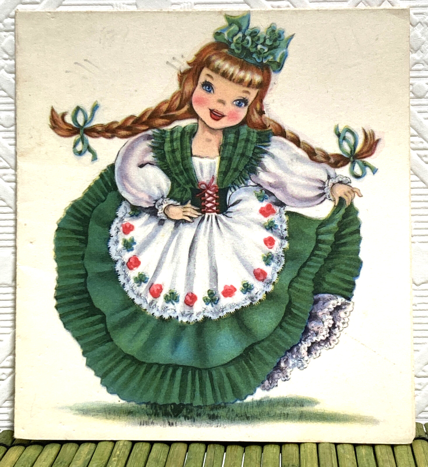 Vintage Tichnor Card Boston Doll of Ireland D-9 Braids Green Dress Bright Colors