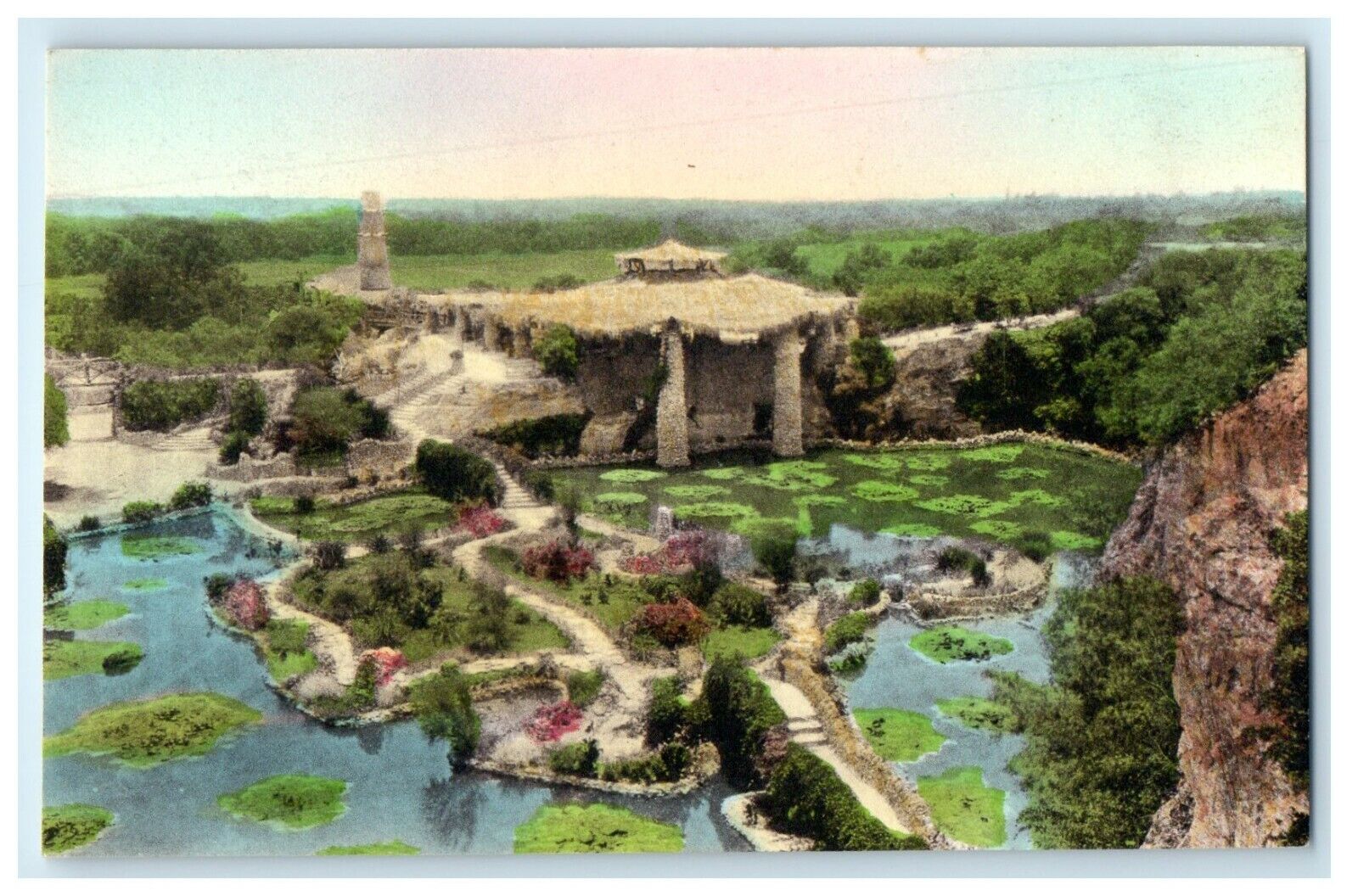 c1940\'s Japanese Tea House Sunken Gardens San Antonio TX Handcolored Postcard