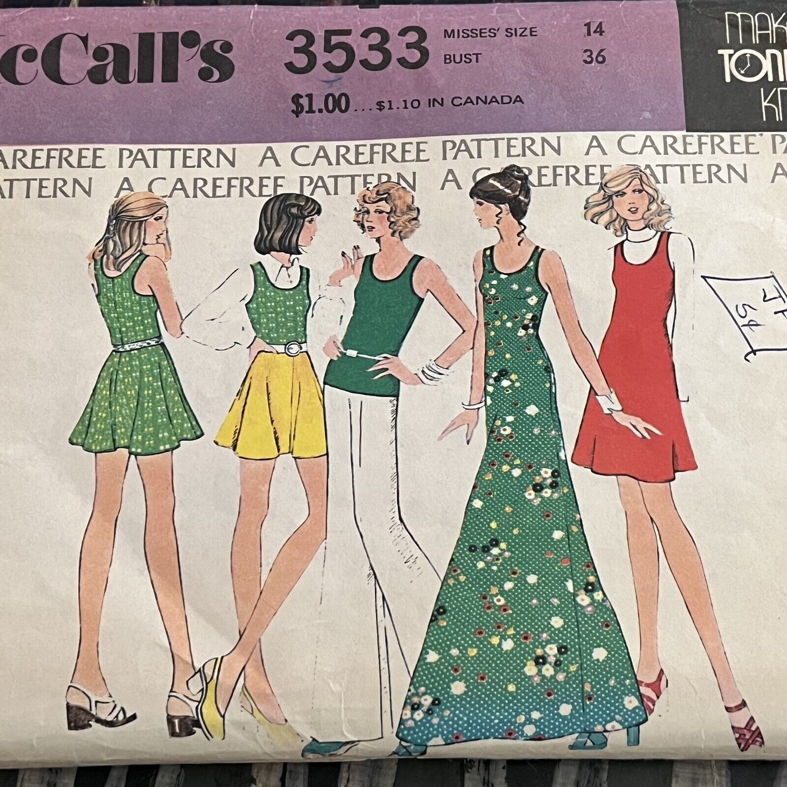 Vintage 1970s McCalls 3533 Dress Top Skirt + Pants Sewing Pattern 14 Bust 36 CUT