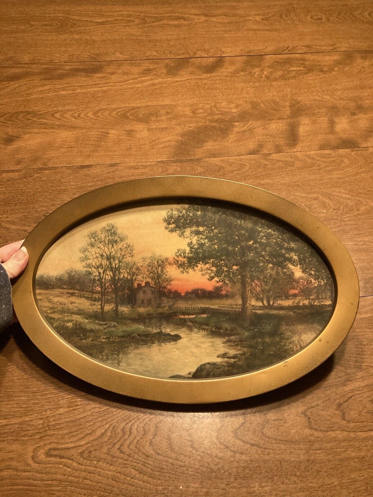 Vintage Antique Country Cabin Farmhouse Nature with Gold Oval Frame 14 X 9