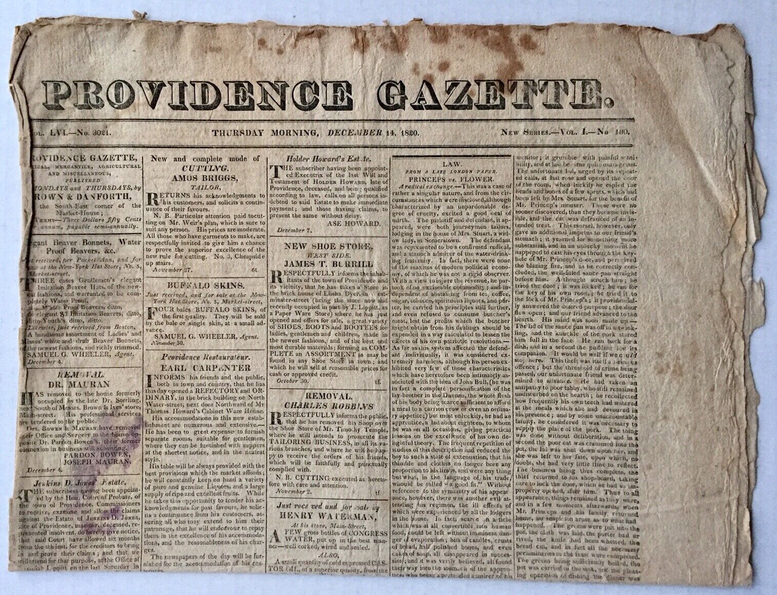 PROVIDENCE GAZETTE newspaper Rhode Island R.I. December 14 Brown & Danforth 1820