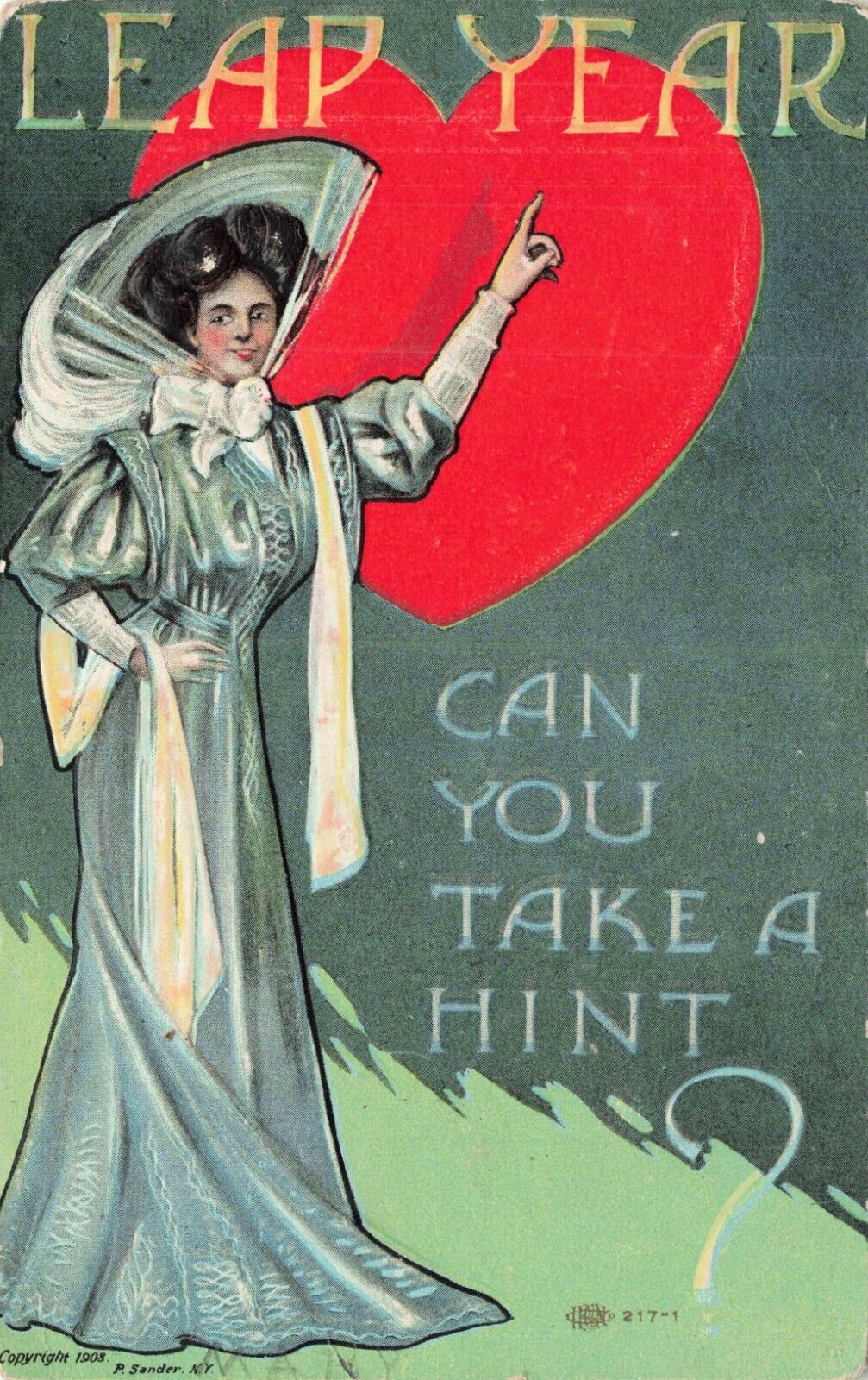 Postcard Leap Year Beautiful Woman Heart Art Nouveau Signed Sander Vintage 1908