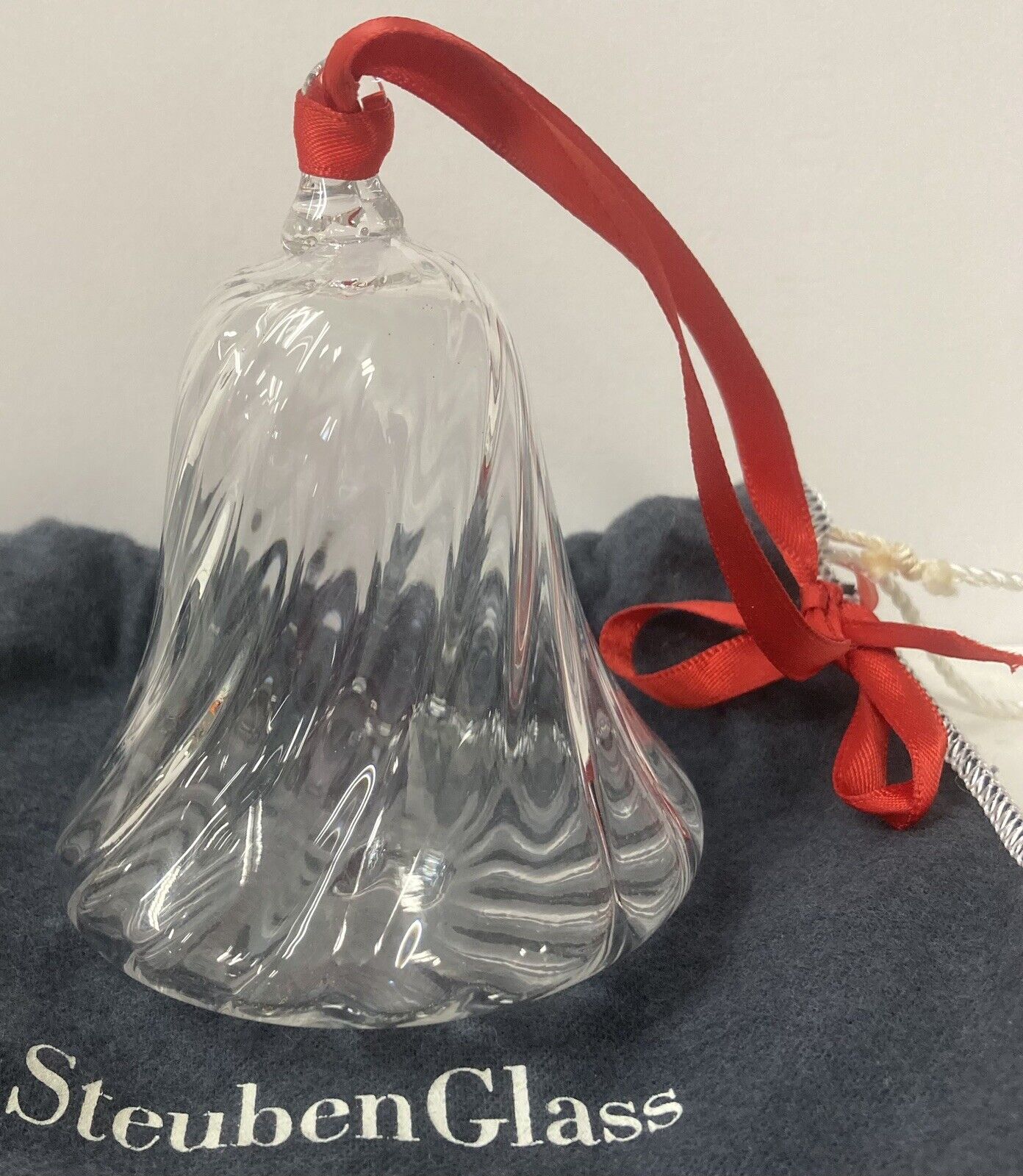 Steuben Glass Bell Christmas Ornament on Red Ribbon w/ Original Fabric Pouch
