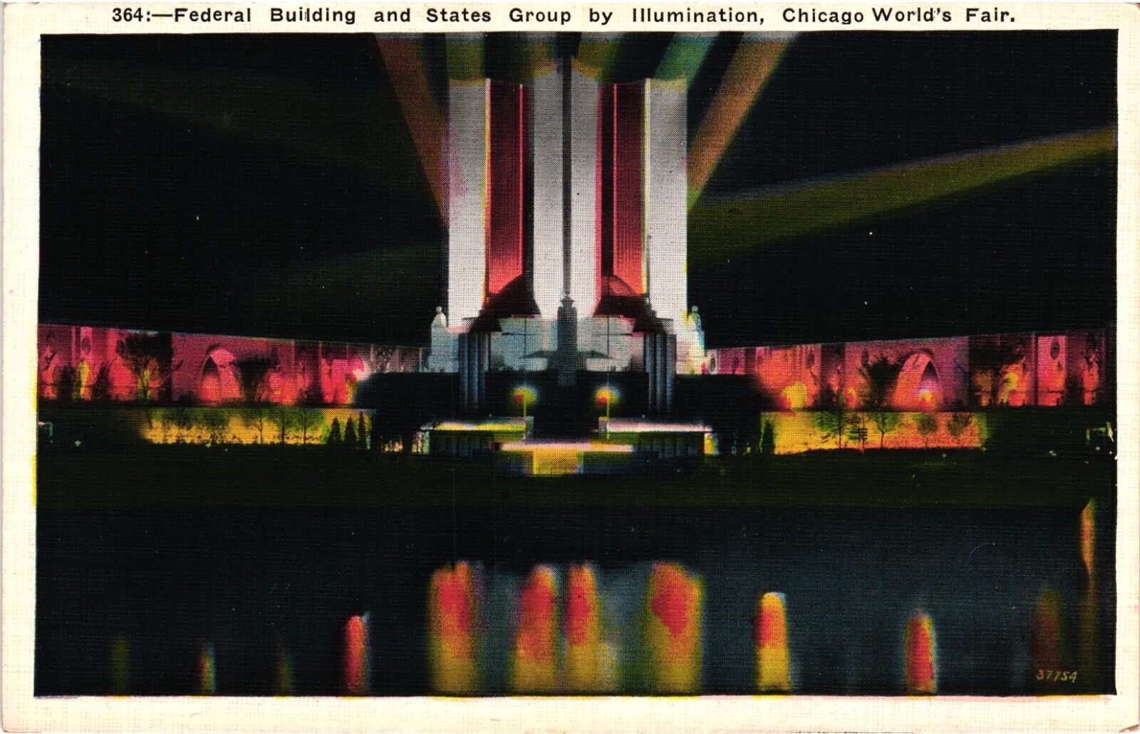 Chicago Worlds Fair Postcard Federal Building and States Group by Night