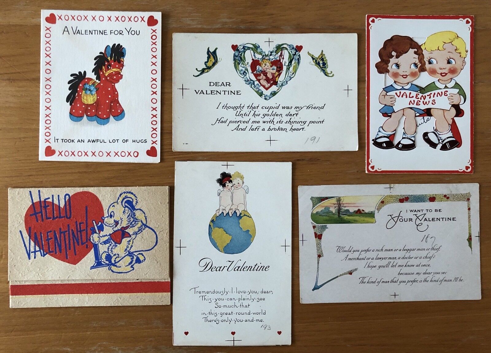 6 VINTAGE 1930s & 40s VALENTINES Day Cards Hearts LOVERS Hallmark Heart Love *