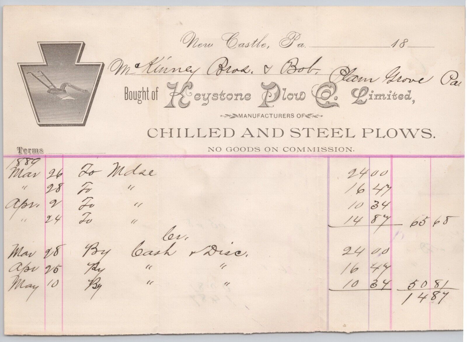 Illustrated Keystone Plow Co. New Castle PA Billhead Letterhead 1889 BH1-9