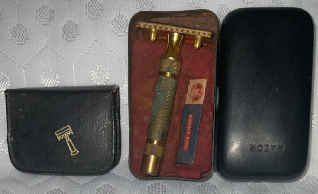 Vtg 1930s Gillette Safety Razor Set in Case With Mini Travel Razor Leather BR