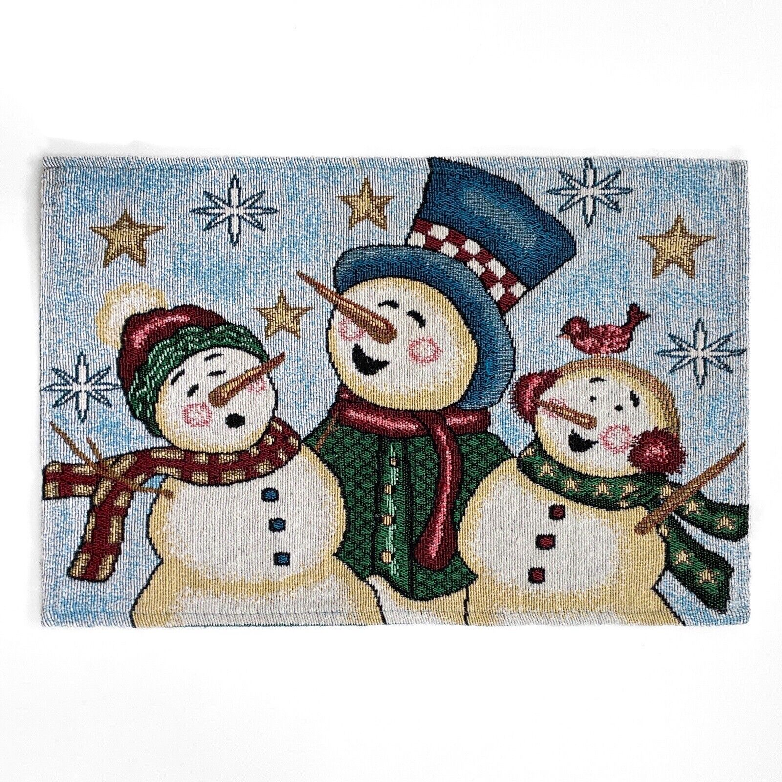 Vintage Christmas Snowman Tapestry Handmade Winter Snow Decor Blue Green White