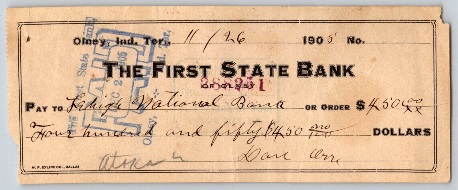 Olney, Okla. Indian Territory 1905 $450 First State Bank Check - Ghost Town