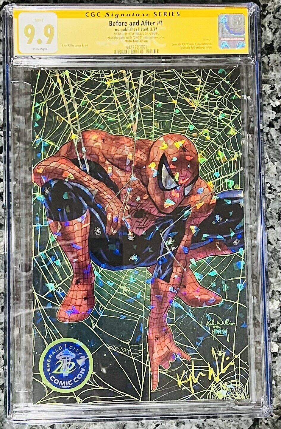 CGC 9.9 BEFORE AND AFTER #1 Spider-man KYLE WILLIS SIGNED VIRGIN FOIL #21/50