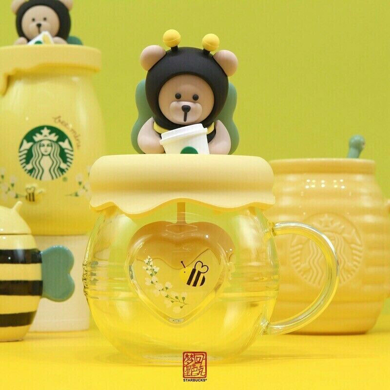 Starbucks Cute Little bee Glass Mug Cup w/ lid Strainer Coffee Mug Honey Pot
