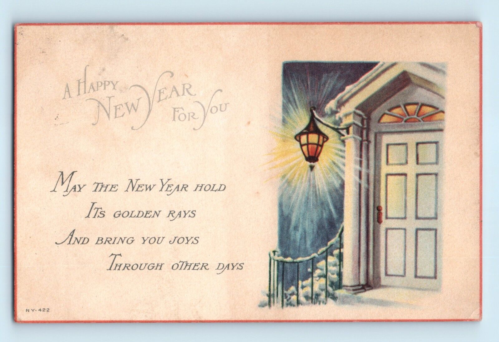A Happy New Year Front Door Light Lanturn Lighting up Night Snow Postcard C3